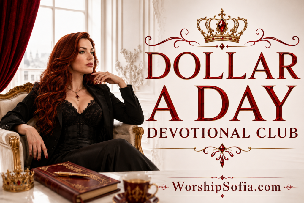 Dollar A Day Devotional Club banner featuring a regal auburn-haired woman in black seated in an ornate cream and gold chair, with red velvet curtains, a jeweled crown, devotional journal, and elegant gold accents. The title "Dollar A Day Devotional Club" appears in red, with WorshipSofia.com beneath it.