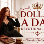Dollar A Day Devotional Club banner featuring a regal auburn-haired woman in black seated in an ornate cream and gold chair, with red velvet curtains, a jeweled crown, devotional journal, and elegant gold accents. The title "Dollar A Day Devotional Club" appears in red, with WorshipSofia.com beneath it.