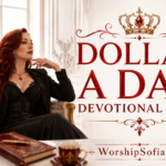 Dollar A Day Devotional Club banner featuring a regal auburn-haired woman in black seated in an ornate cream and gold chair, with red velvet curtains, a jeweled crown, devotional journal, and elegant gold accents. The title "Dollar A Day Devotional Club" appears in red, with WorshipSofia.com beneath it.