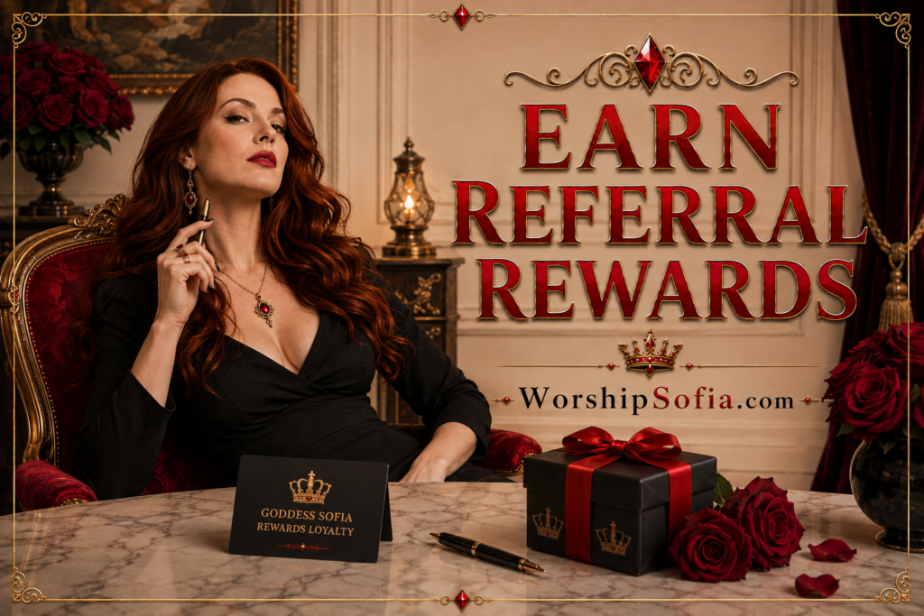 Goddess Sofia seated regally in an elegant red and black Victorian-inspired room, with roses, gold accents, and a gift box on a marble table. The image reads "Earn Referral Rewards" and "WorshipSofia.com," with a card reading "Goddess Sofia Rewards Loyalty."