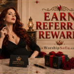 Goddess Sofia seated regally in an elegant red and black Victorian-inspired room, with roses, gold accents, and a gift box on a marble table. The image reads "Earn Referral Rewards" and "WorshipSofia.com," with a card reading "Goddess Sofia Rewards Loyalty."