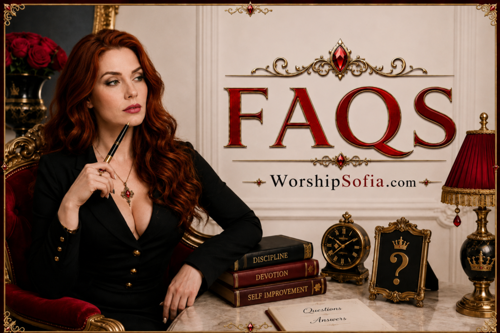 Goddess Sofia seated in an elegant red velvet chair beside books on discipline, devotion, and self-improvement, with a question mark plaque, clock, and writing materials. The title "FAQs" appears in bold crimson lettering, with WorshipSofia.com beneath it.