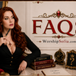 Goddess Sofia seated in an elegant red velvet chair beside books on discipline, devotion, and self-improvement, with a question mark plaque, clock, and writing materials. The title "FAQs" appears in bold crimson lettering, with WorshipSofia.com beneath it.