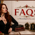Goddess Sofia seated in an elegant red velvet chair beside books on discipline, devotion, and self-improvement, with a question mark plaque, clock, and writing materials. The title "FAQs" appears in bold crimson lettering, with WorshipSofia.com beneath it.