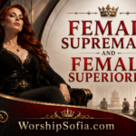 Female Supremacy and Female Superiority page banner featuring a regal auburn-haired woman in an elegant black suit holding a ceremonial staff, seated before ornate black and gold surroundings. Red velvet drapes, a crown, gold filigree, and kneeling figures reinforce the themes of female authority and supremacy, with WorshipSofia.com displayed at the bottom.