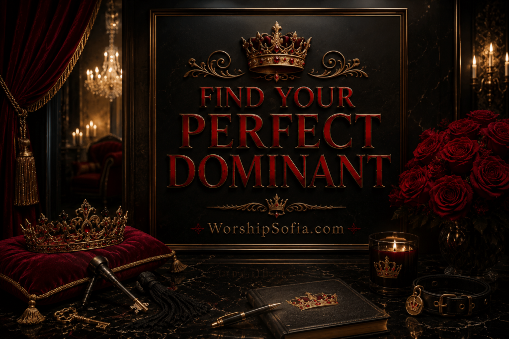 Find Your Perfect Dominant page banner featuring a luxurious gothic setting with black marble, deep crimson velvet drapes, ornate gold accents, candlelight, a jeweled crown resting on a velvet cushion, a leather flogger, a locked collar, and the title "Find Your Perfect Dominant." The WorshipSofia.com logo appears at the bottom, evoking authority, elegance, and the search for an ideal Dominant.