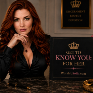 Goddess Sofia Locktight presents the “Get to Know You: For Her” workbook in an elegant luxury setting, with a red-haired woman in black beside a black-and-gold workbook on a marble table.