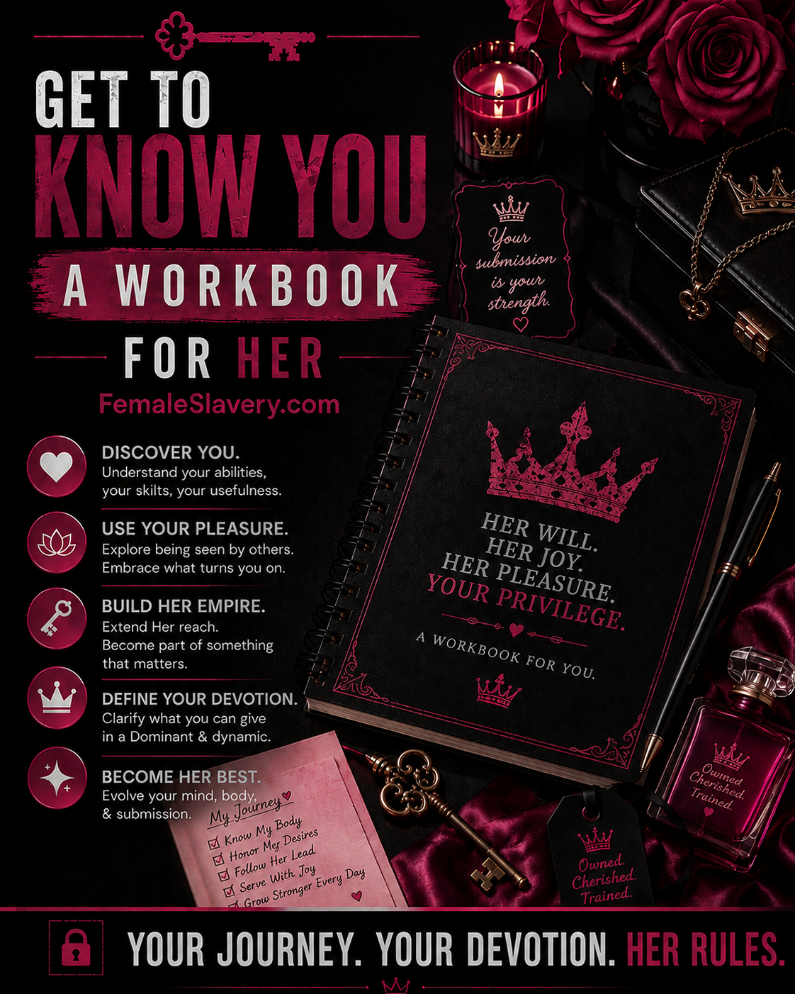 Get To Know You: A Workbook for Her by Goddess Sofia, featuring a luxurious feminine BDSM workbook surrounded by roses, satin, lingerie, a collar, and elegant accessories, with prompts for self-discovery, submission, pleasure, and personal growth.