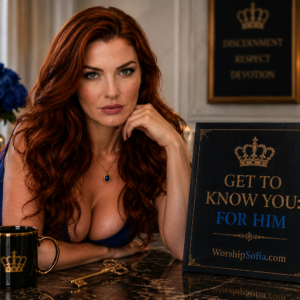 Goddess Sofia presents the Get to Know You: For Him workbook from WorshipSofia.com, featuring a luxurious black-and-gold design with deep blue accents, an ornate crown, and an elegant key beside her.
