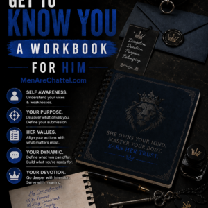 Get To Know You: A Workbook for Him, featuring a masculine black and blue design with a leather collar, keys, journal, pen, and commitment worksheet for exploring self-awareness, submission, devotion, and personal growth. MenAreChattel.com.