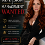 Goddess Sofia in a black tailored suit standing outdoors beside a marble railing, with a luxury setting behind her and bold text reading “Ad Design & Management Wanted,” seeking a skilled professional to create and manage compelling advertising for WorshipSofia.com.