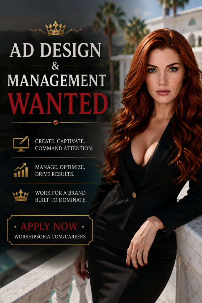 Goddess Sofia in a black tailored suit standing outdoors beside a marble railing, with a luxury setting behind her and bold text reading “Ad Design & Management Wanted,” seeking a skilled professional to create and manage compelling advertising for WorshipSofia.com.