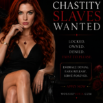 Goddess Sofia sits confidently in a black dress beside a red velvet cushion displaying a chastity device and lock, with elegant black, red, and gold styling and the headline “Chastity Slaves Wanted” for WorshipSofia.com.