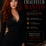 Goddess Sofia stands beside a luxury car in an elegant black ensemble, introducing a chauffeur wanted position centered on discretion, protection, attentive service, and anticipating Her needs.