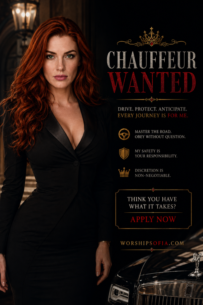 Goddess Sofia stands beside a luxury car in an elegant black ensemble, introducing a chauffeur wanted position centered on discretion, protection, attentive service, and anticipating Her needs.