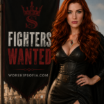 Goddess Sofia standing outdoors in a dramatic warrior-inspired setting beside a black banner reading “Fighters Wanted,” wearing a black leather outfit with red accents, red hair, and a confident commanding expression. WorshipSofia.com appears on the banner.