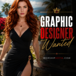 Goddess Sofia stands outdoors on a sunlit terrace in an elegant black dress, with a luxury coastal setting behind her. The graphic features bold text reading “Graphic Designer Wanted” and WorshipSofia.com.
