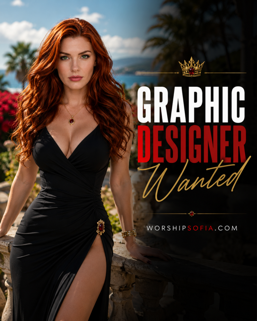 Goddess Sofia stands outdoors on a sunlit terrace in an elegant black dress, with a luxury coastal setting behind her. The graphic features bold text reading “Graphic Designer Wanted” and WorshipSofia.com.