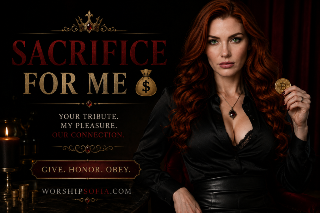 Goddess Sofia in a luxurious black outfit holds a gold coin beside the words βSacrifice for Me,β surrounded by gold accents, candles, and stacks of coins, with WorshipSofia.com below.