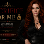 Goddess Sofia in a luxurious black outfit holds a gold coin beside the words “Sacrifice for Me,” surrounded by gold accents, candles, and stacks of coins, with WorshipSofia.com below.
