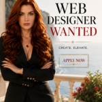 Goddess Sofia stands confidently in a tailored black suit on a sunlit Mediterranean terrace beside elegant typography reading “Web Designer Wanted” and “Create. Elevate.” with an “Apply Now” call to action.