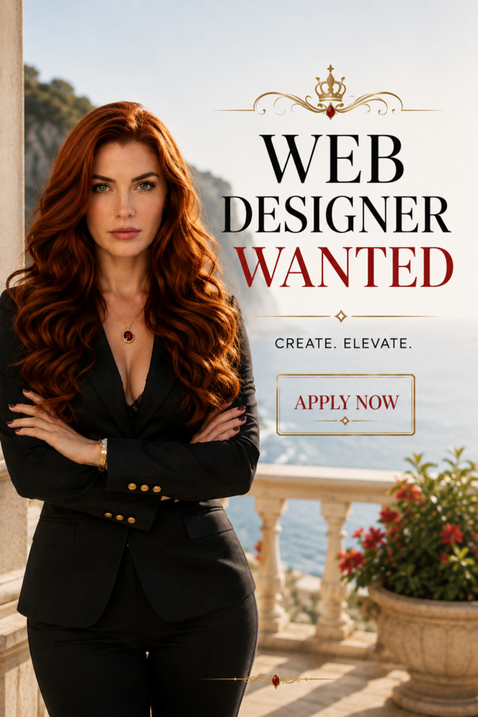 Goddess Sofia stands confidently in a tailored black suit on a sunlit Mediterranean terrace beside elegant typography reading “Web Designer Wanted” and “Create. Elevate.” with an “Apply Now” call to action.