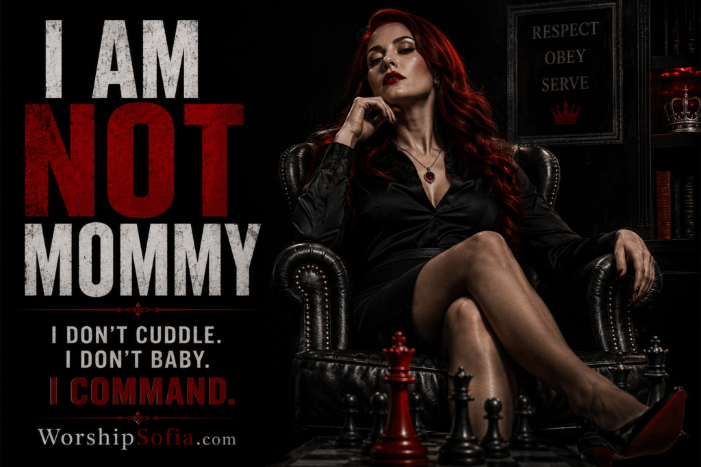 Article banner for “I Am NOT Mommy” featuring Goddess Sofia, an auburn-haired woman seated confidently in a black leather chair, dressed in black with red lipstick and crossed legs. Large red and white typography reads “I AM NOT MOMMY,” with “I DON’T CUDDLE. I DON’T BABY. I COMMAND.” beneath it, while a framed “RESPECT OBEY SERVE” sign, crown, books, and chess pieces reinforce the commanding atmosphere. WorshipSofia.com appears at the bottom.