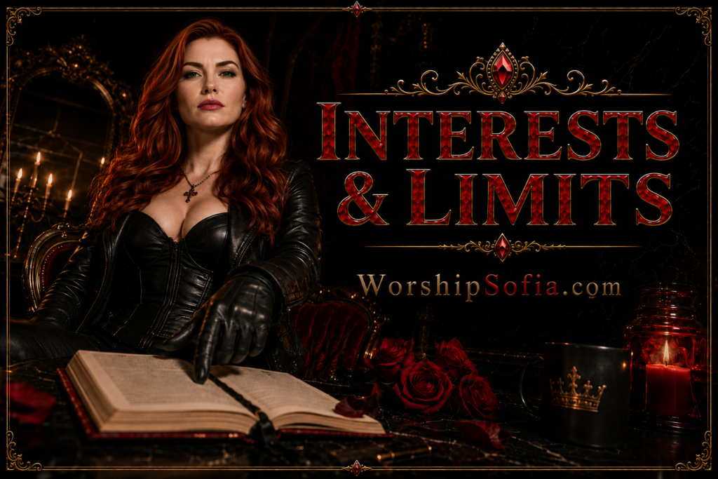 Goddess Sofia in black leather seated confidently in an ornate crimson throne, viewed from a dramatic low angle in a dark Baroque chamber with candlelight, velvet curtains, and gold detailing. The title “Interests & Limits” appears in crimson lettering with WorshipSofia.com beneath it.