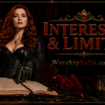 Goddess Sofia in black leather seated confidently in an ornate crimson throne, viewed from a dramatic low angle in a dark Baroque chamber with candlelight, velvet curtains, and gold detailing. The title “Interests & Limits” appears in crimson lettering with WorshipSofia.com beneath it.