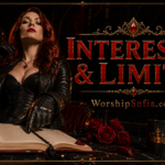 Goddess Sofia in black leather seated confidently in an ornate crimson throne, viewed from a dramatic low angle in a dark Baroque chamber with candlelight, velvet curtains, and gold detailing. The title “Interests & Limits” appears in crimson lettering with WorshipSofia.com beneath it.