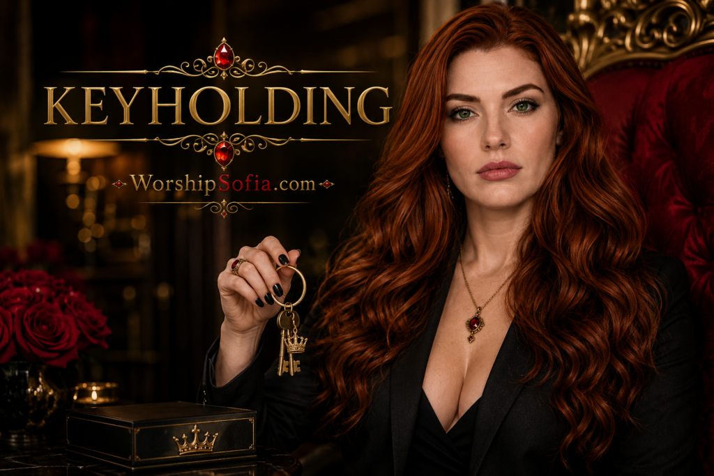 Goddess Sofia Locktight holding a set of keys in an elegant black outfit beside a crown-adorned key box, with “Keyholding” and WorshipSofia.com displayed in gold.