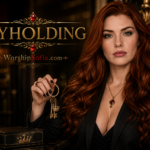 Goddess Sofia Locktight holding a set of keys in an elegant black outfit beside a crown-adorned key box, with “Keyholding” and WorshipSofia.com displayed in gold.