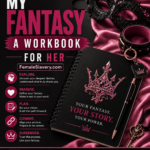 My Fantasy: A Workbook for Her featuring an elegant BDSM-inspired workbook with a black and pink design, ornate mask, collar, keys, and satin, inviting women to explore their fantasies, submission, and personal journey through guided reflection.