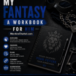My Fantasy: A Workbook for Him featuring a sophisticated BDSM-inspired black and blue workbook with a leather mask, chain, collar, keys, and journal, designed to help men explore their fantasies, submission, and personal journey through guided reflection.