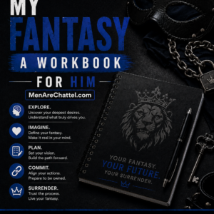 My Fantasy: A Workbook for Him featuring a sophisticated BDSM-inspired black and blue workbook with a leather mask, chain, collar, keys, and journal, designed to help men explore their fantasies, submission, and personal journey through guided reflection.