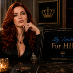 Goddess Sofia in a luxurious dark interior beside a screen reading “My Fantasy: For HIM,” with blue roses and regal crown accents for WorshipSofia.com