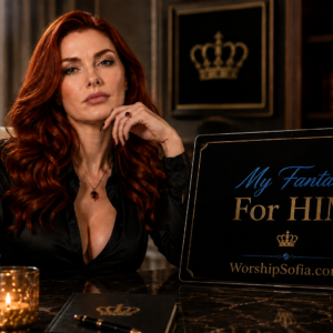 Goddess Sofia in a luxurious dark interior beside a screen reading βMy Fantasy: For HIM,β with blue roses and regal crown accents for WorshipSofia.com