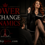 Power Exchange Dynamics page banner featuring Goddess Sofia, an elegant auburn-haired woman seated confidently in a black leather chair while a submissive man kneels before her. The design uses black, crimson, cream, and gold accents with a crown and chess pieces, and reads “Power Exchange Dynamics” and “WorshipSofia.com.”