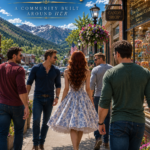 Goddess Sofia walking through Queen’s Haven Valley, a picturesque American mountain town surrounded by snow-capped peaks, with four devoted men following her past a vintage candy shop. Text reads “Queen’s Haven Valley,” “A Community Built Around Her,” and “Where Devotion Lives.”