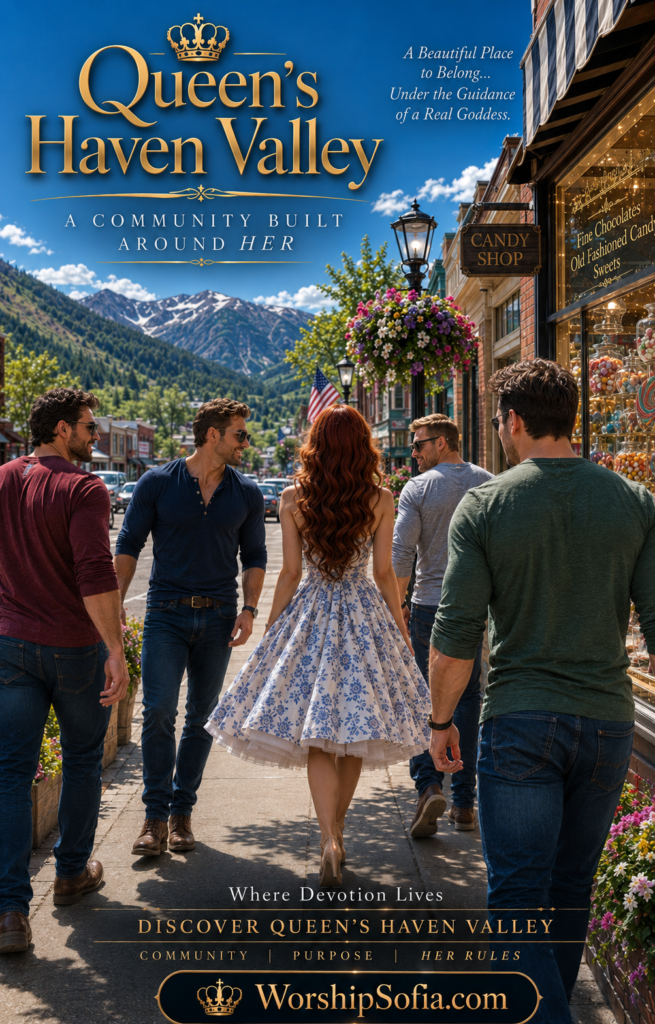 Goddess Sofia walking through Queen’s Haven Valley, a picturesque American mountain town surrounded by snow-capped peaks, with four devoted men following her past a vintage candy shop. Text reads “Queen’s Haven Valley,” “A Community Built Around Her,” and “Where Devotion Lives.”