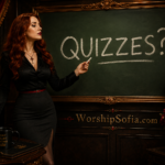 Goddess Sofia, a regal auburn-haired woman in a fitted black blouse and pencil skirt, stands beside an ornate old-fashioned green chalkboard writing “QUIZZES?!” in white chalk. Rich dark wood, crimson velvet curtains, candlelight, gold detailing, antique books, and roses surround her. WorshipSofia.com appears below.