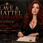 Goddess Sofia Locktight seated at a marble desk in a luxurious dark interior with red roses and ornate gold details, beneath the text “Slave & Chattel Registration: Be Tagged by Goddess Sofia” and WorshipSofia.com.