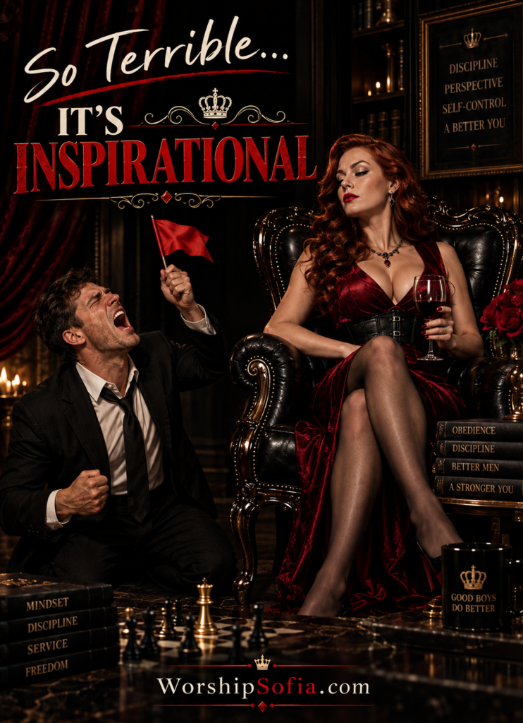 Article banner for The Man Who Knelt for Me and Stood Beside Me featuring Goddess Sofia seated confidently in a luxurious black leather throne while a man kneels beside her, surrounded by crimson velvet curtains, candles, roses, chess pieces, and ornate gold décor. The banner reads “So Terrible... It’s Inspirational” with WorshipSofia.com at the bottom.
