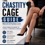 The Chastity Cage Guide cover featuring a woman in a black dress seated in a black leather chair, holding ornate gold chastity keys. The cover includes guidance on control, commitment, obedience, safety, mental training, and discipline, with MenAreChattel.com displayed prominently.