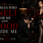 The Man Who Knelt for Me and Stood Beside Me page banner featuring Goddess Sofia seated regally in a black leather chair while a man kneels beside her, set in an elegant dark study with crimson roses, warm lamplight, and gold accents. The title and WorshipSofia.com appear on the banner.