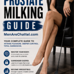 The Prostate Milking Guide cover featuring a woman in a black dress seated in a black leather chair, holding a riding crop. The cover highlights prostate techniques, intense pleasure, deeper control, total submission, body awareness, obedience, and greater control, with MenAreChattel.com displayed prominently.