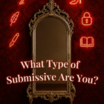 A richly detailed, ornate full-length silver mirror stands against a deep blood-red Baroque wallpaper. Seven softly glowing golden icons—collar, key, feather, high heel, padlock, pen, and book—arch above and around the mirror like a constellation. Overlaid in soft, serif white text across the lower half of the mirror are the words: "What Type of Submissive Are You?" The scene evokes elegance, mystery, and introspection, designed as a symbolic entry point to a personality quiz. WorshipSofia.com