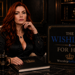 The Wishlist: For Him featuring Goddess Sofia, a regal red-haired woman in black beside a blue-accented wishlist in her luxurious office | WorshipSofia.com