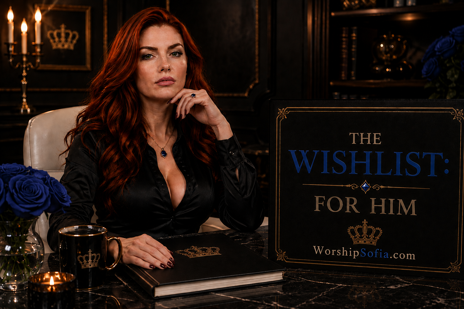 The Wishlist: For Him featuring Goddess Sofia, a regal red-haired woman in black beside a blue-accented wishlist in her luxurious office | WorshipSofia.com