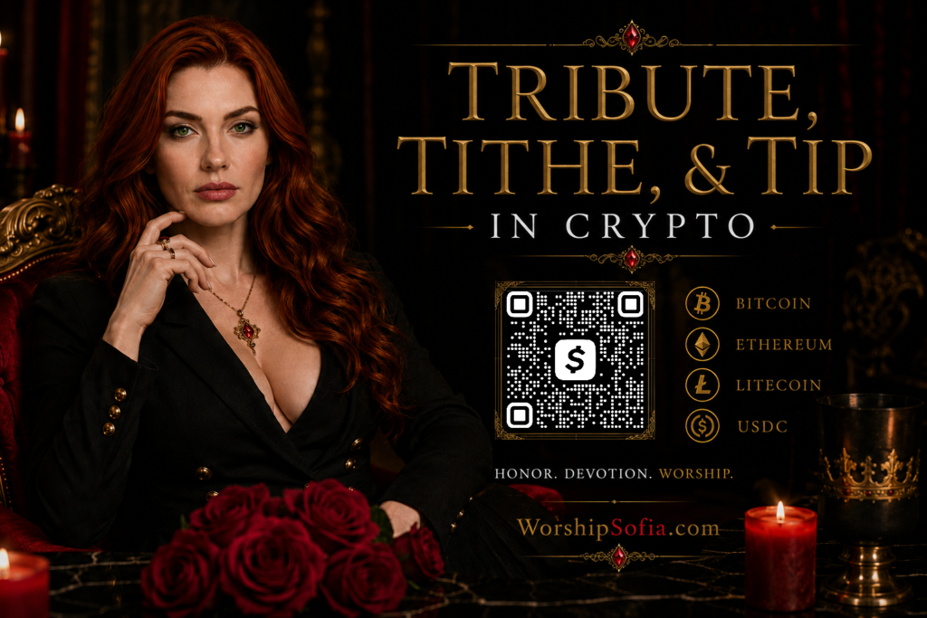 Goddess Sofia seated in a luxurious black and crimson setting beside the title “Tribute, Tithe, & Tip in Crypto,” with a Cash App QR code and cryptocurrency options for Bitcoin, Ethereum, Litecoin, and USDC. WorshipSofia.com appears below.